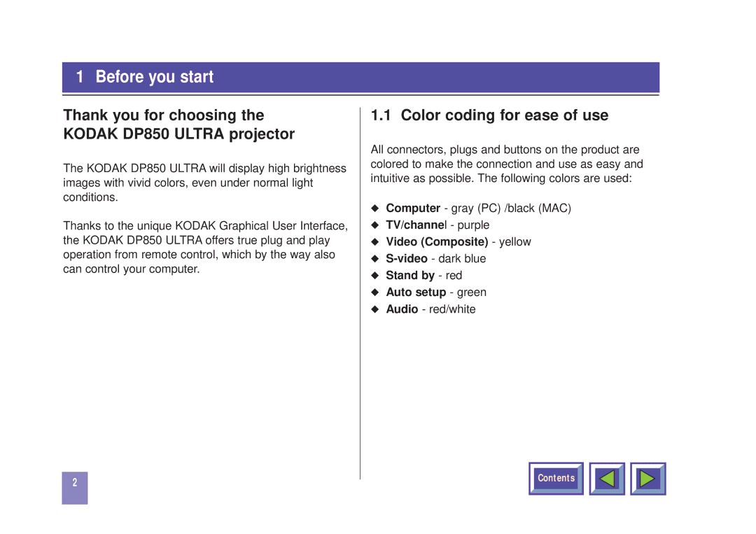 Kodak DP850 manual Before you start, Color coding for ease of use, Video Composite yellow, Stand by red Auto setup green 