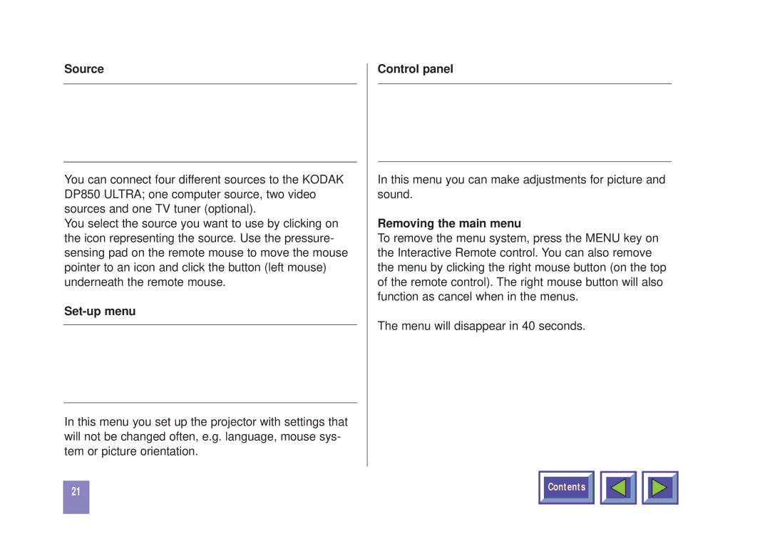 Kodak DP850 manual Set-up menu, Control panel, Removing the main menu 