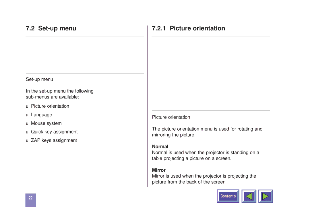 Kodak DP850 manual Set-up menu, Picture orientation, Normal, Mirror 