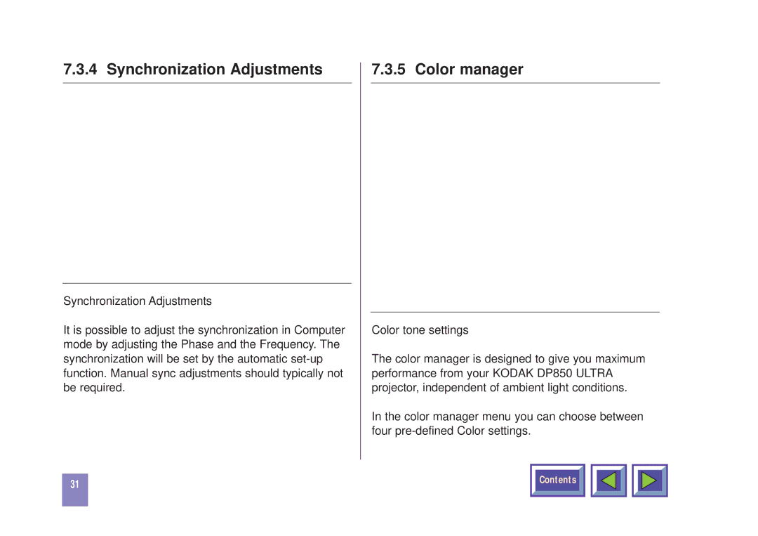 Kodak DP850 manual Synchronization Adjustments, Color manager 