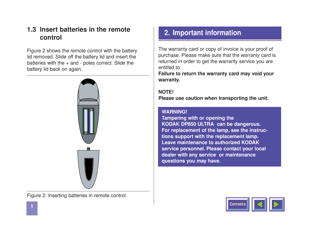 Kodak DP850 manual Insert batteries in the remote control, Important information 