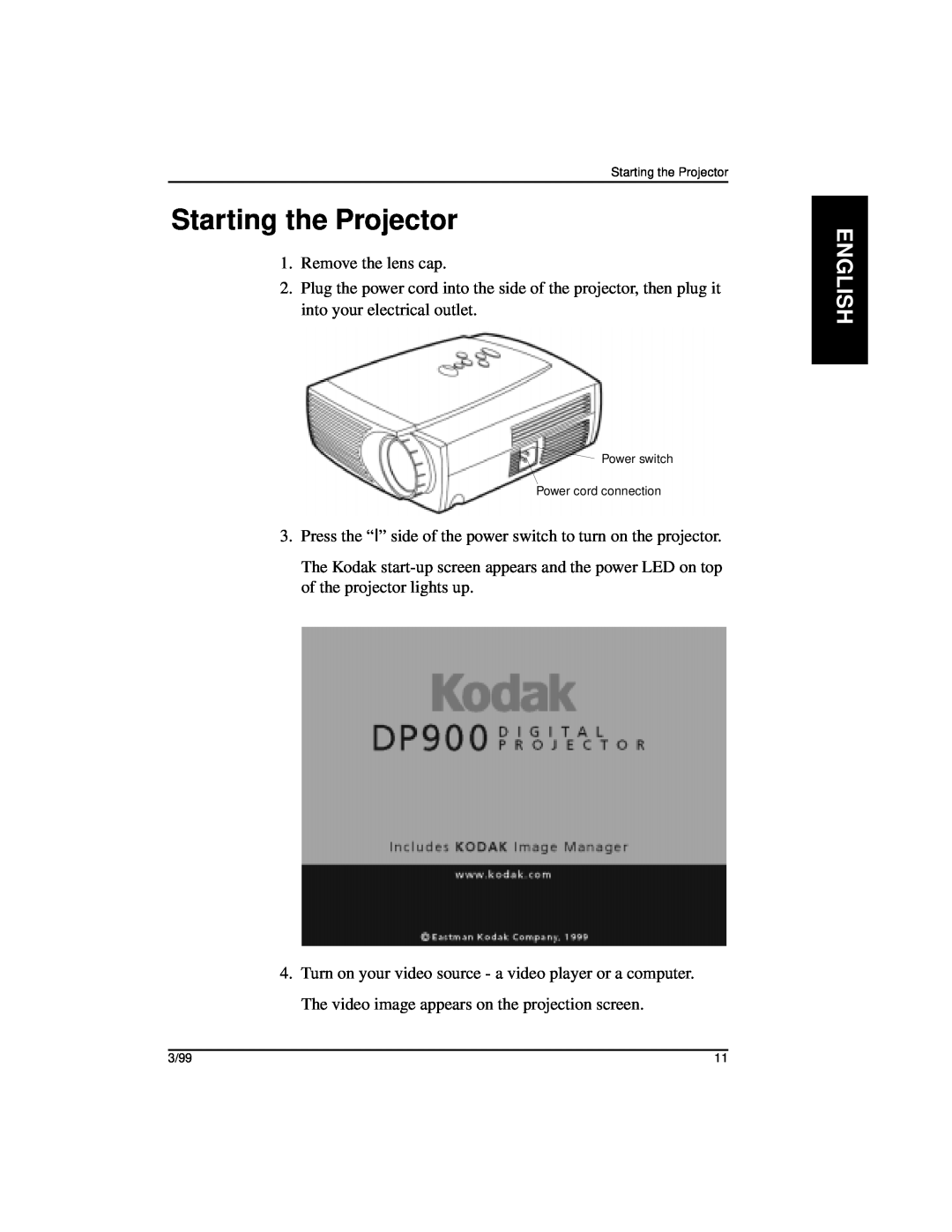 Kodak DP1100, DP900 manual Starting the Projector, English 