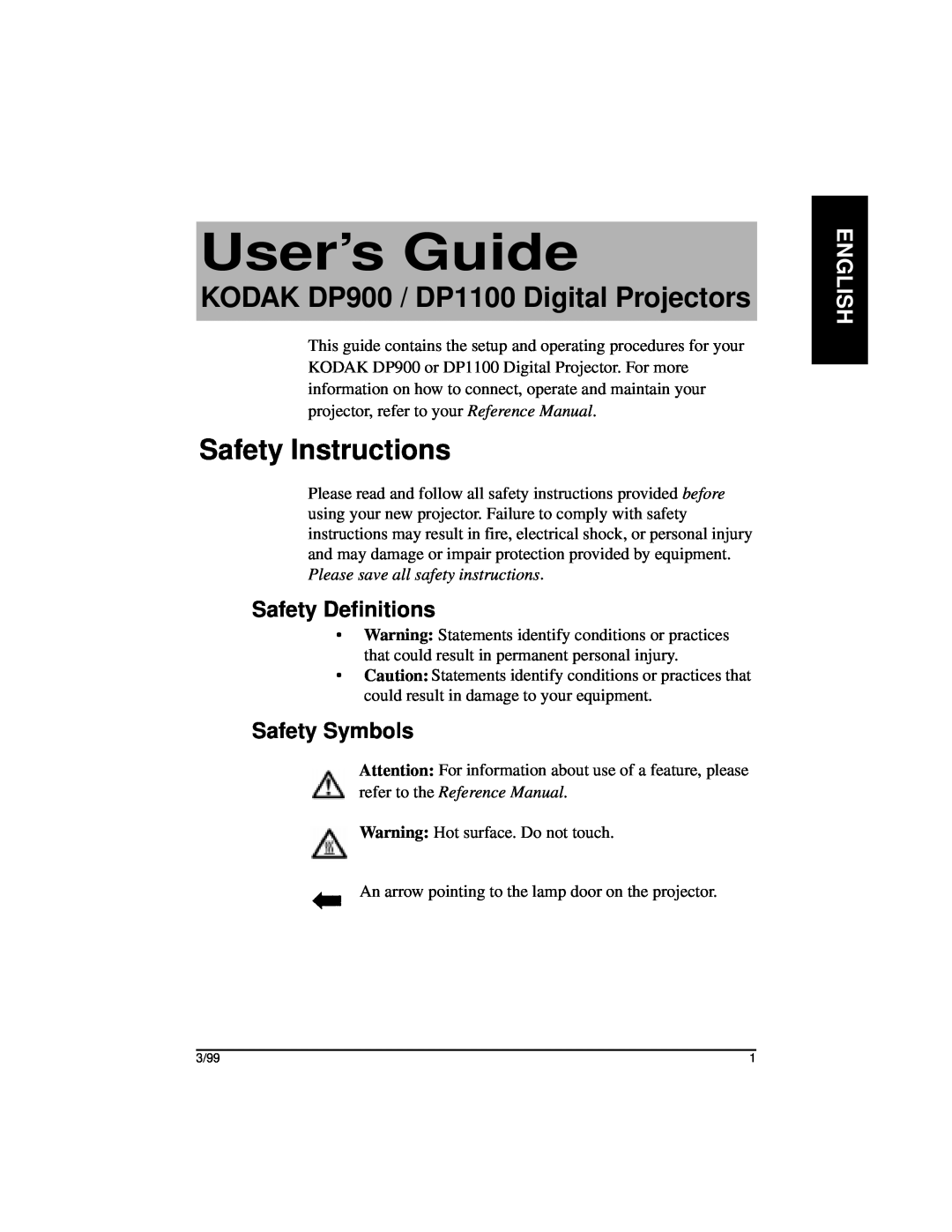 Kodak DP1100, DP900 manual Safety Instructions, Safety Definitions, Safety Symbols, User’s Guide, English 