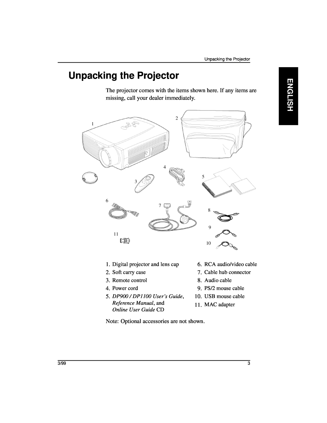 Kodak DP1100, DP900 manual Unpacking the Projector, English 