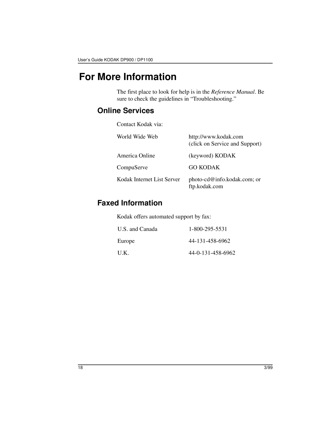 Kodak DP900, DP1100 manual For More Information, Online Services, Faxed Information 