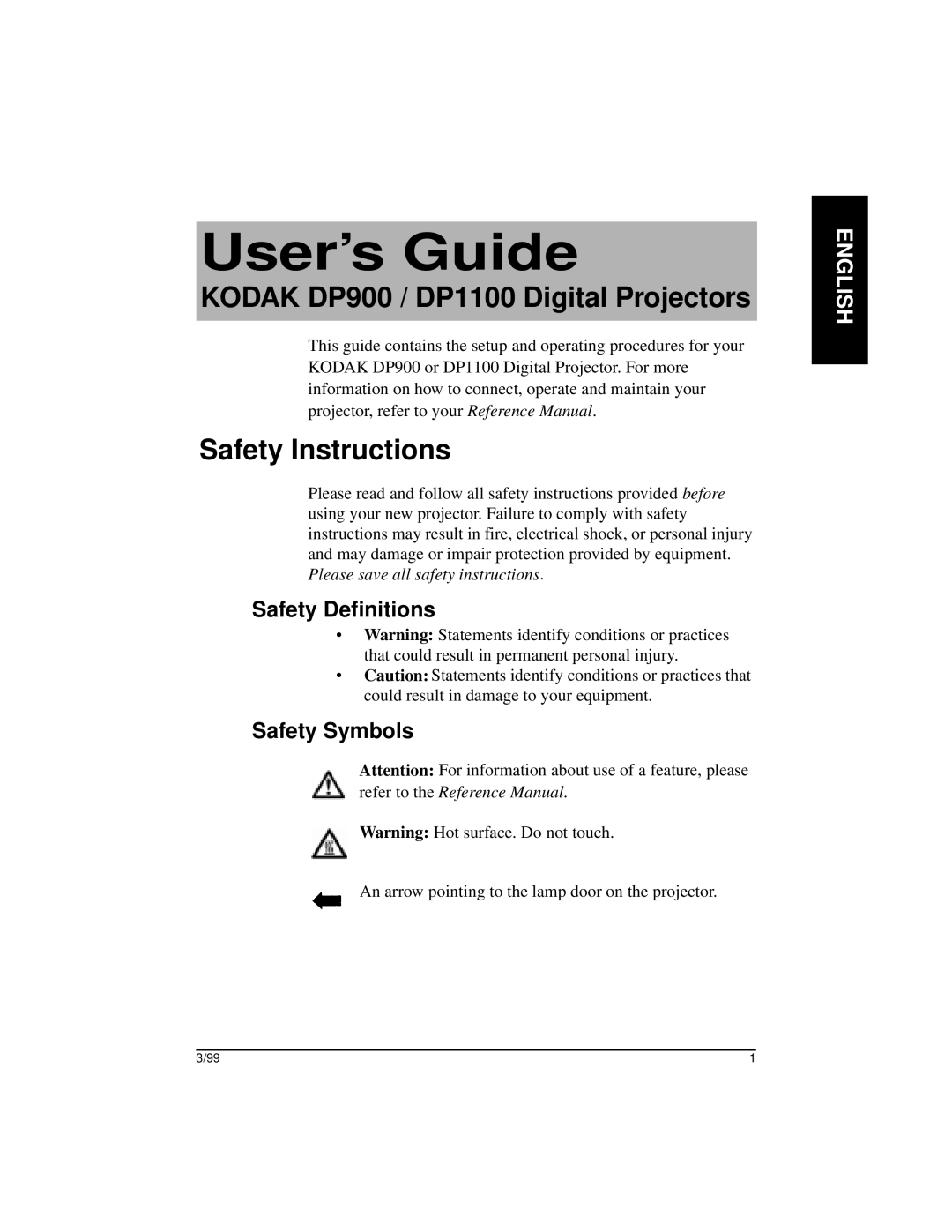 Kodak DP1100, DP900 manual Safety Instructions, Safety Definitions Safety Symbols 