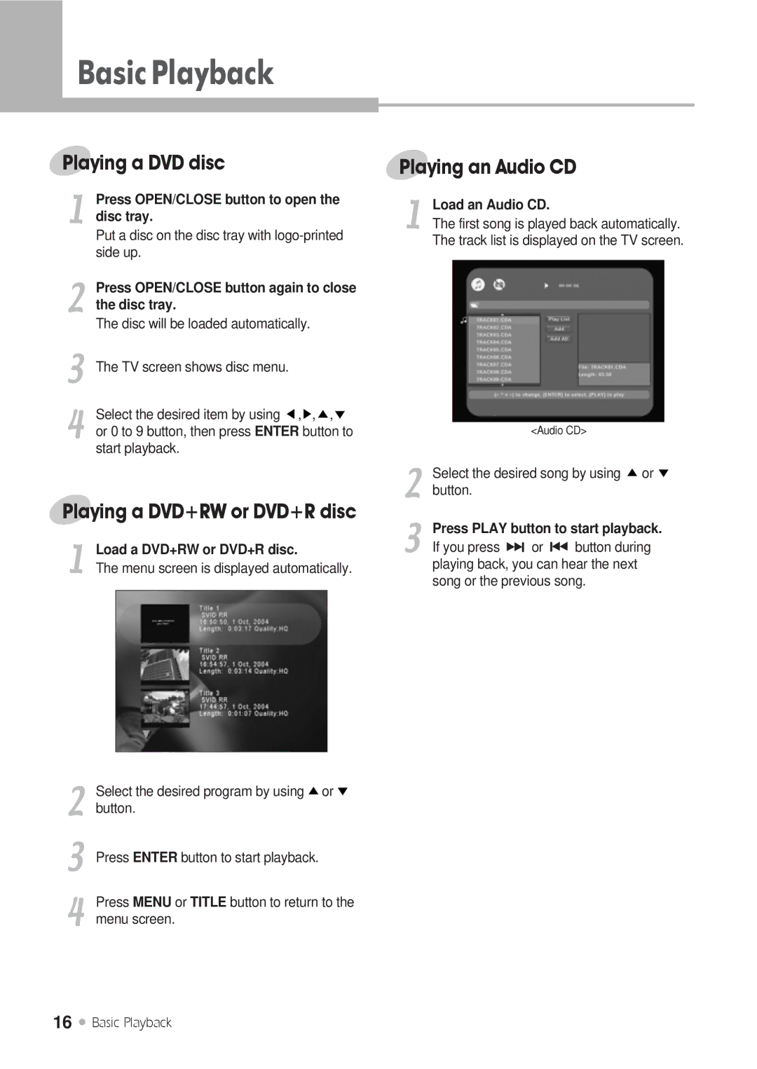 Kodak DRHD-120 manual BasicPlayback, Playing a DVD disc, Playing an Audio CD 