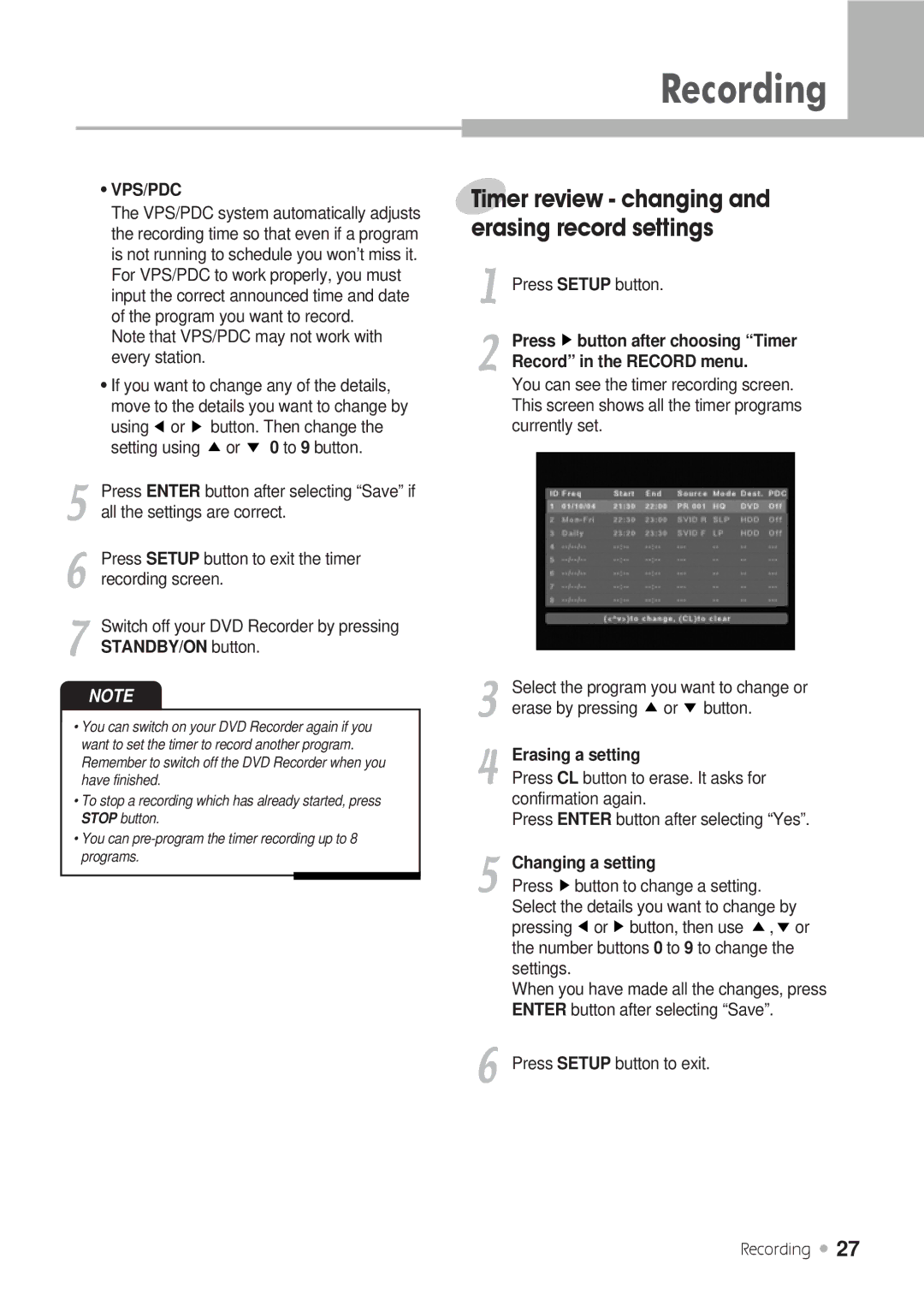 Kodak DRHD-120 manual Vps/Pdc, STANDBY/ON button, Erasing a setting, Changing a setting 