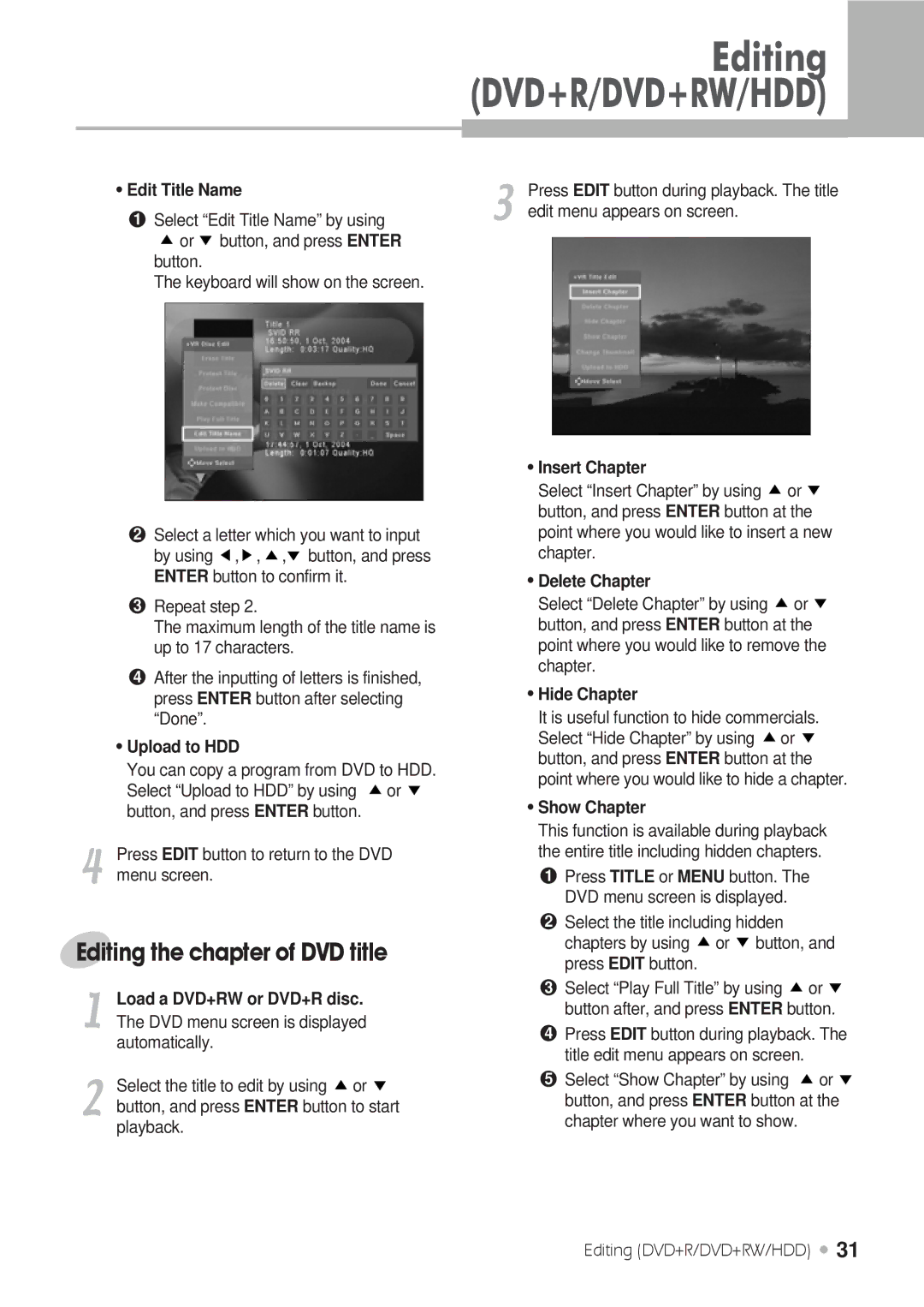 Kodak DRHD-120 manual Editing the chapter of DVD title 