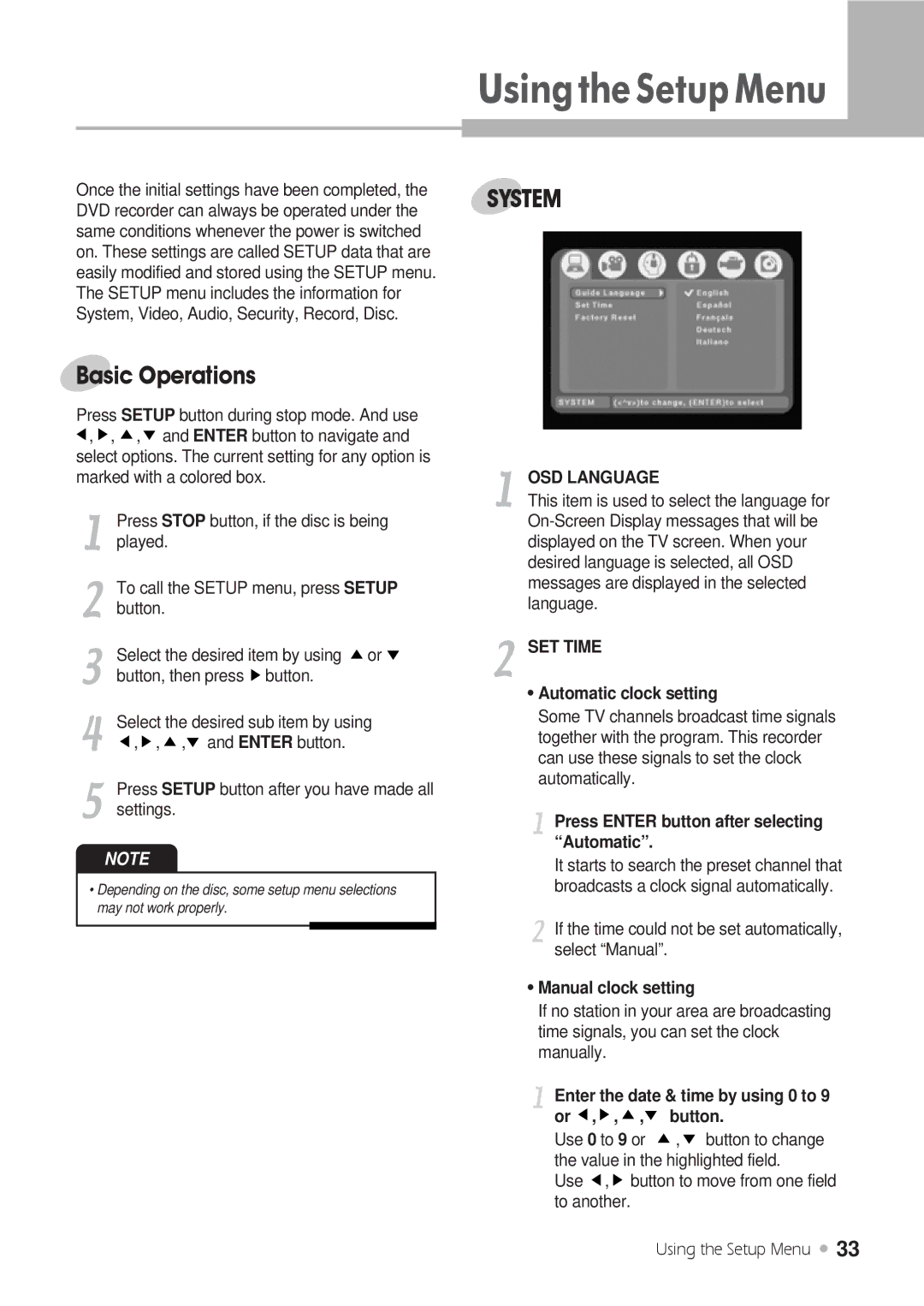 Kodak DRHD-120 manual UsingtheSetupMenu, Basic Operations, OSD Language, SET Time 