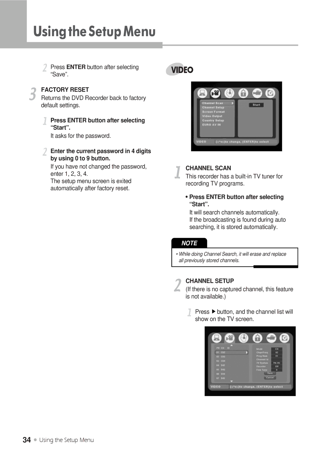 Kodak DRHD-120 manual Factory Reset, Press Enter button after selecting Start, Channel Scan, Channel Setup 