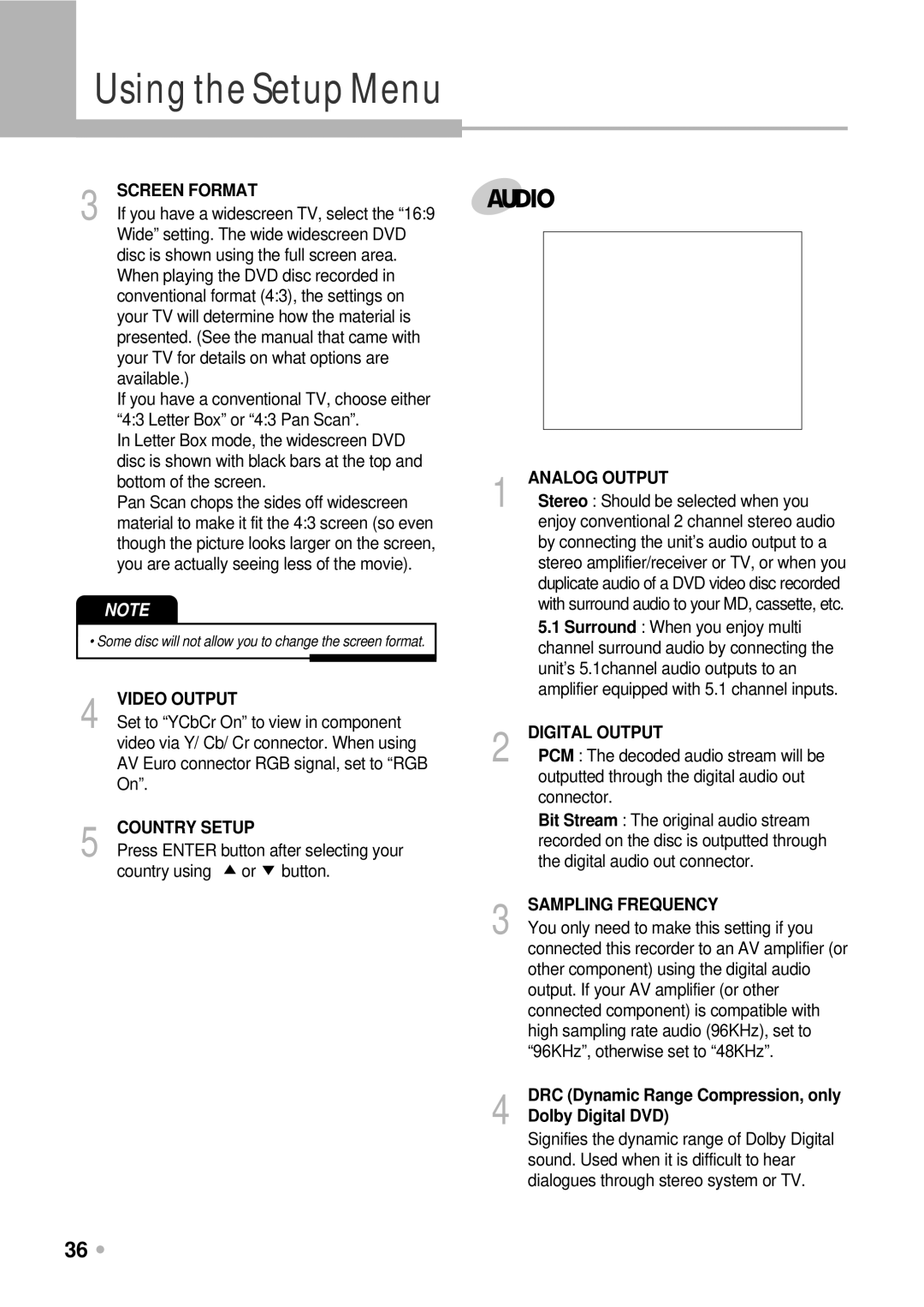 Kodak DRHD-120 manual Screen Format, Video Output, Country Setup, Analog Output, Digital Output, Sampling Frequency 