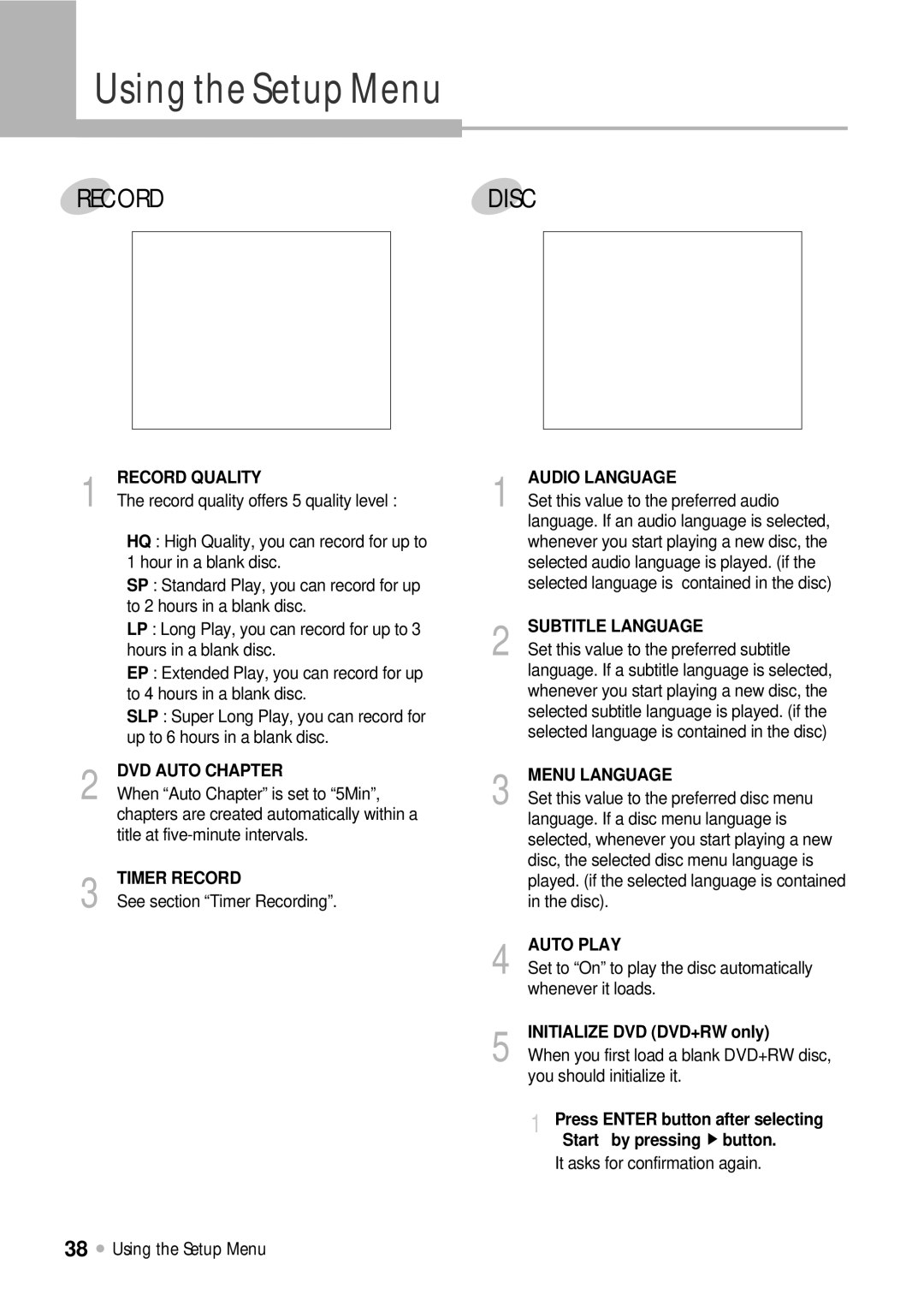 Kodak DRHD-120 Record Quality, DVD Auto Chapter, Timer Record, Audio Language, Subtitle Language, Menu Language, Auto Play 