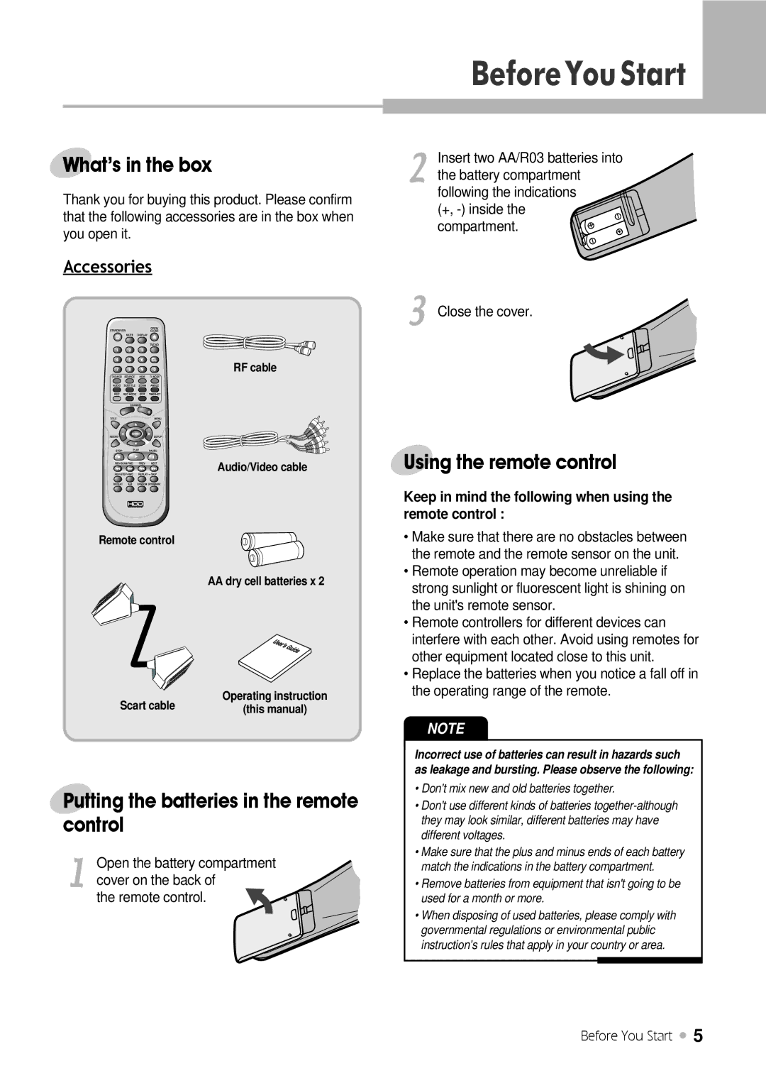 Kodak DRHD-120 BeforeYouStart, Whats in the box, Putting the batteries in the remote control, Using the remote control 