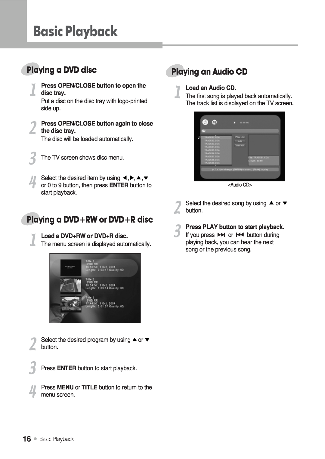 Kodak DRHD-120 manual BasicPlayback, Playing a DVD disc, Playing an Audio CD, Playing a DVD+RW or DVD+R disc, disc tray 