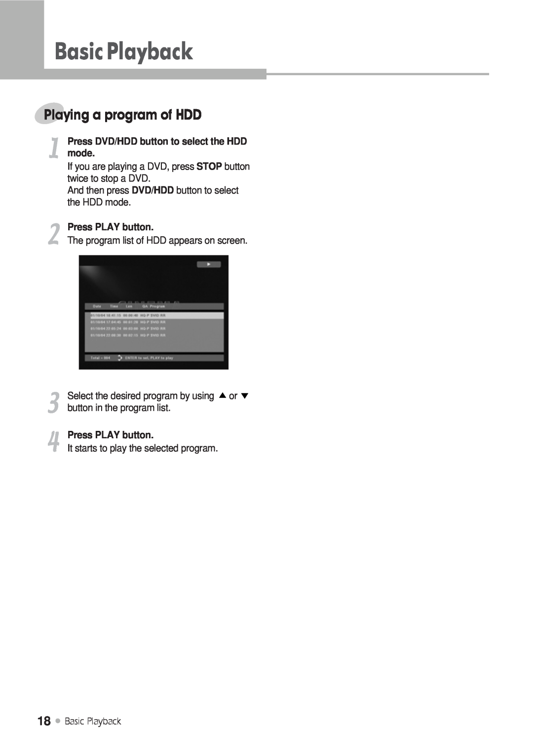 Kodak DRHD-120 manual Playing a program of HDD, Press PLAY button, Basic Playback, BasicPlayback, mode 