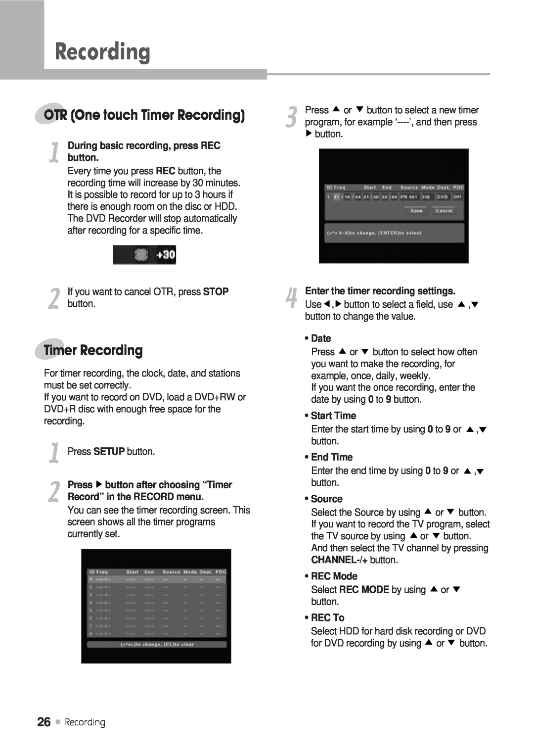 Kodak DRHD-120 OTR One touch Timer Recording, During basic recording, press REC, Record” in the RECORD menu, Date 