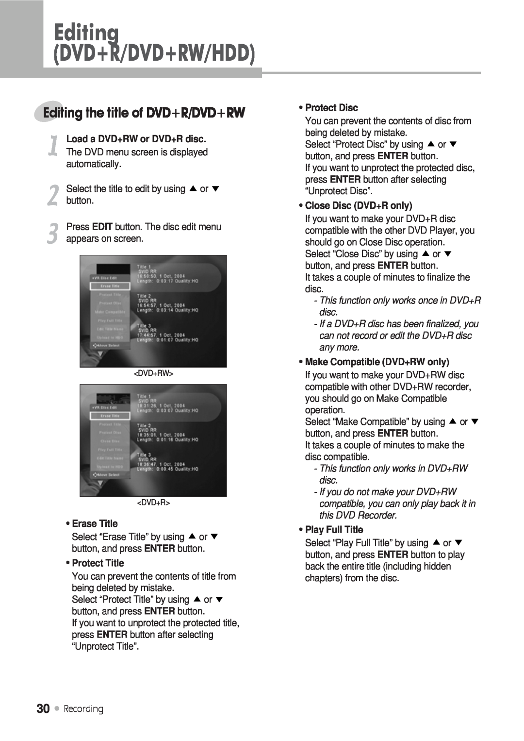 Kodak DRHD-120 manual Editing DVD+R/DVD+RW/HDD, Editing the title of DVD+R/DVD+RW, Erase Title, Protect Title, Protect Disc 
