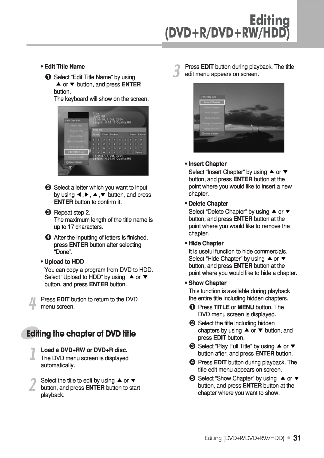 Kodak DRHD-120 manual Editing the chapter of DVD title, Edit Title Name, Insert Chapter, Delete Chapter, Hide Chapter 