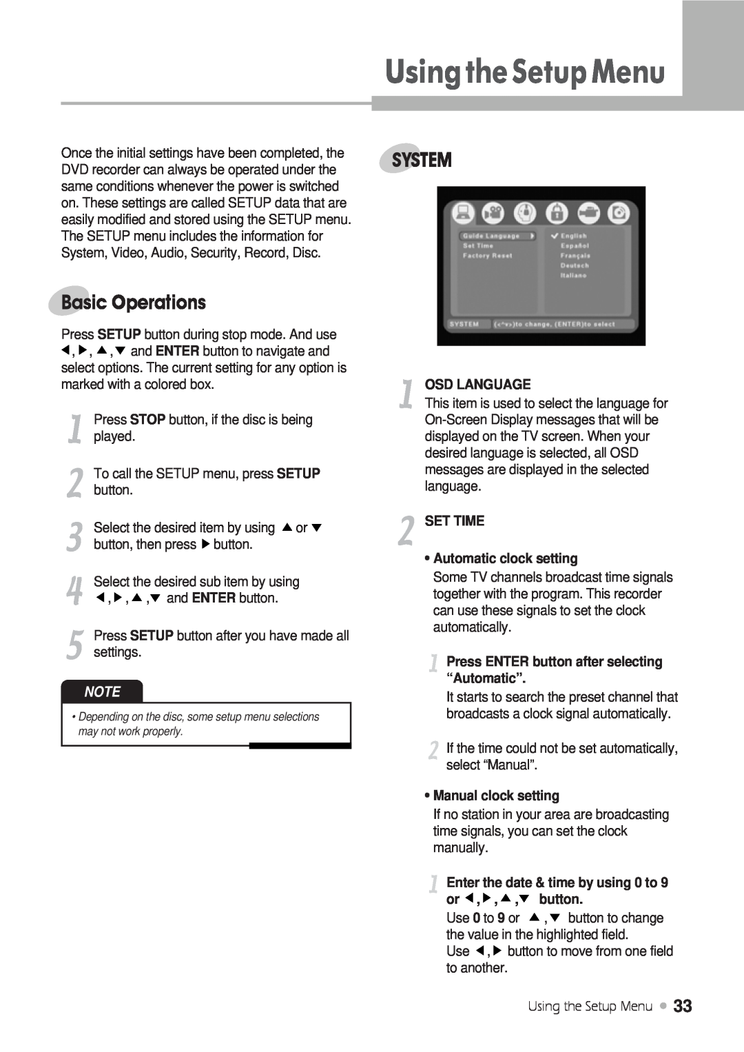 Kodak DRHD-120 manual UsingtheSetupMenu, Basic Operations, System, Osd Language, SET TIME Automatic clock setting 