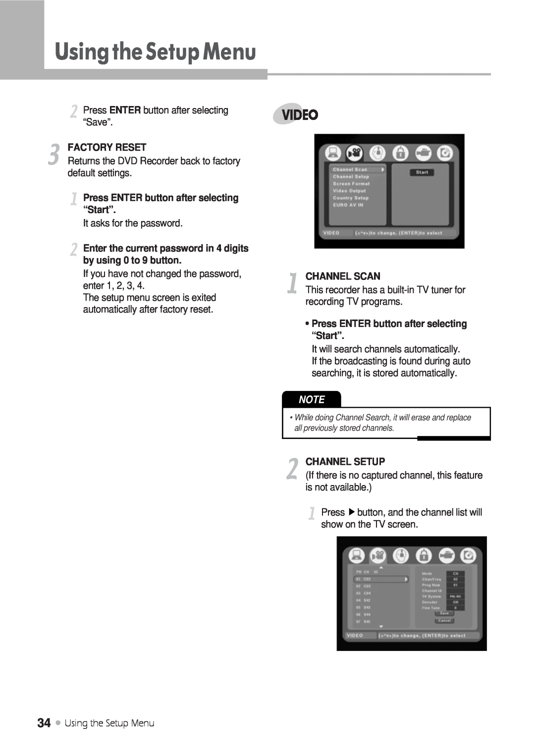 Kodak DRHD-120 manual UsingtheSetupMenu, Video, Factory Reset, Press ENTER button after selecting “Start”, Channel Scan 