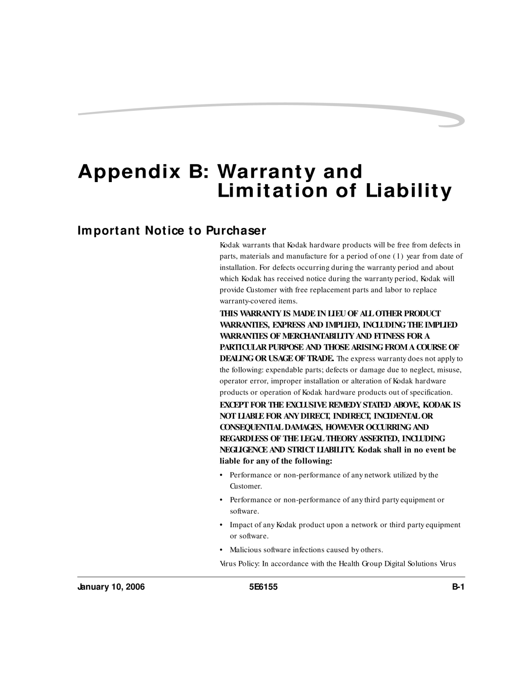 Kodak DryView 8900 manual Appendix B Warranty and Limitation of Liability, Important Notice to Purchaser 