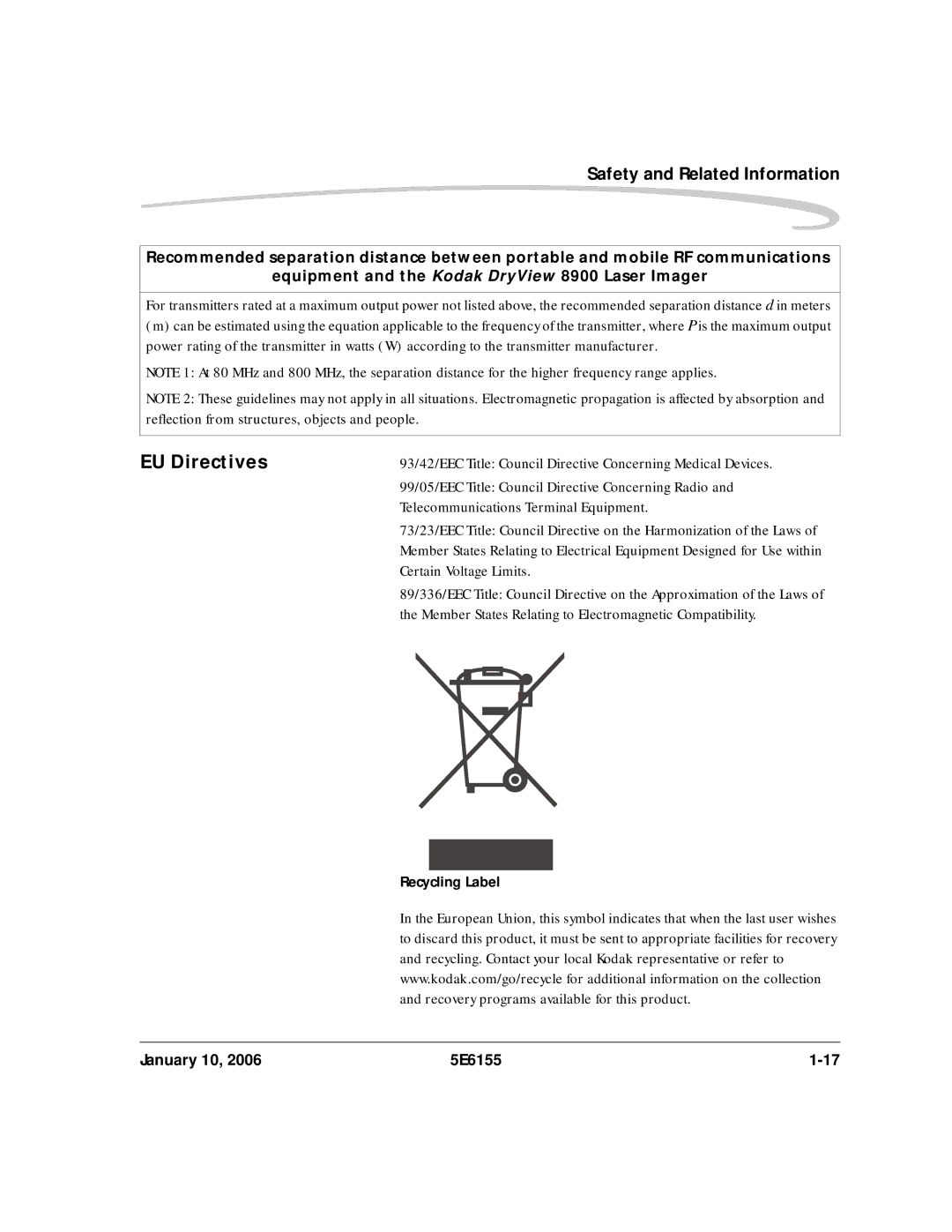 Kodak DryView 8900 manual EU Directives, 99/05/EEC Title Council Directive Concerning Radio, Certain Voltage Limits 