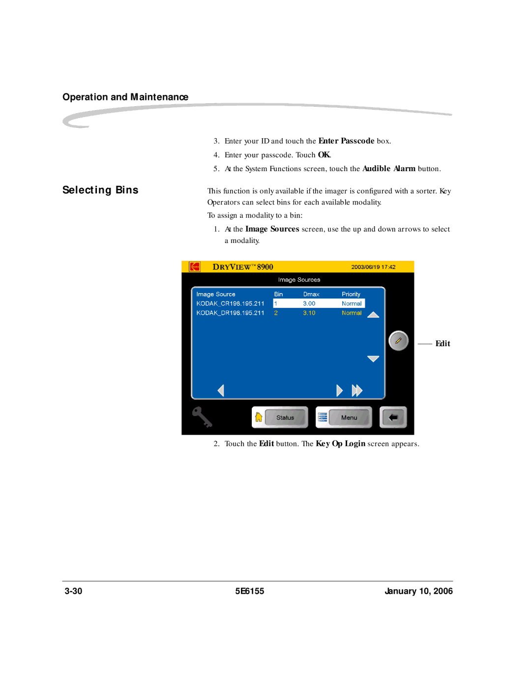 Kodak DryView 8900 manual Selecting Bins, Edit 