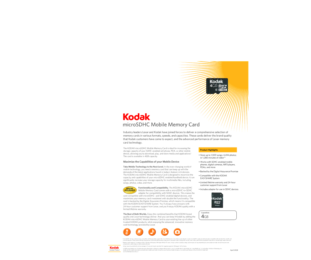 Kodak DS KSDMI4GBCSCAD warranty MicroSDHC Mobile Memory Card, Maximize the Capabilities of your Mobile Device 