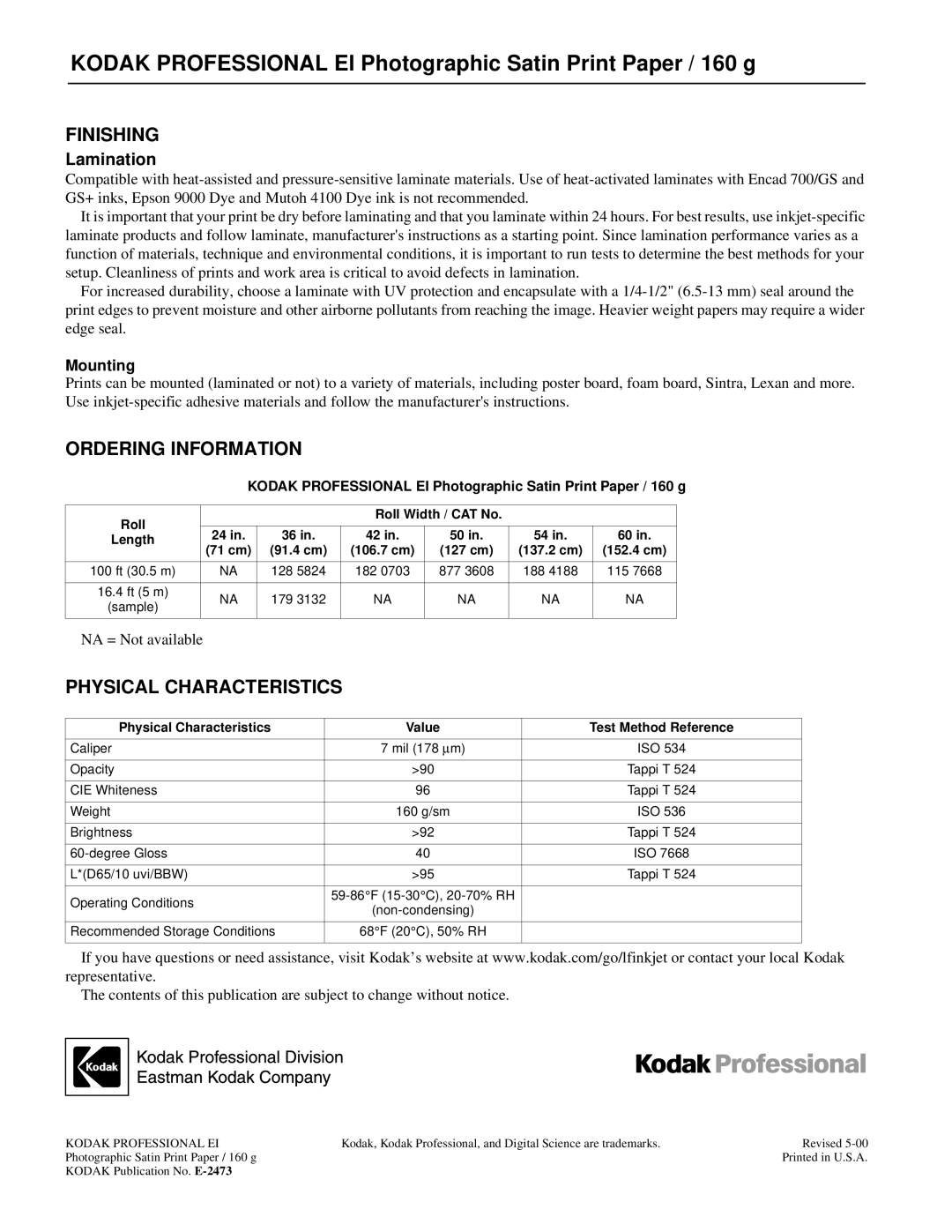 Kodak DS1000 manual Finishing, Ordering Information, Physical Characteristics 