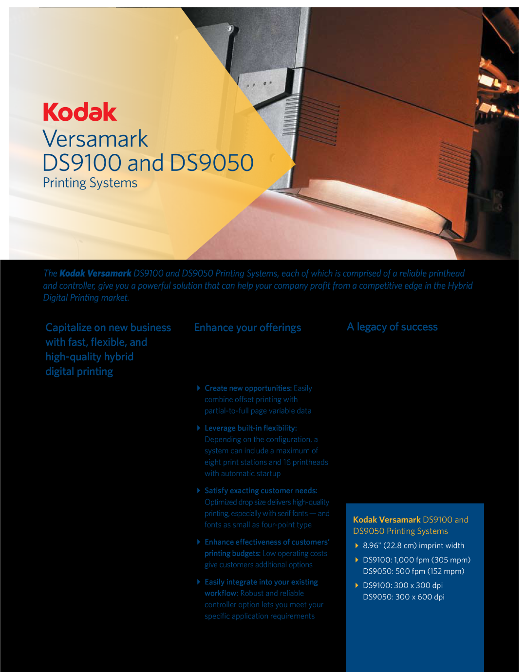 Kodak manual Versamark DS9100 and DS9050, Printing Systems, Enhance your offerings, A legacy of success 