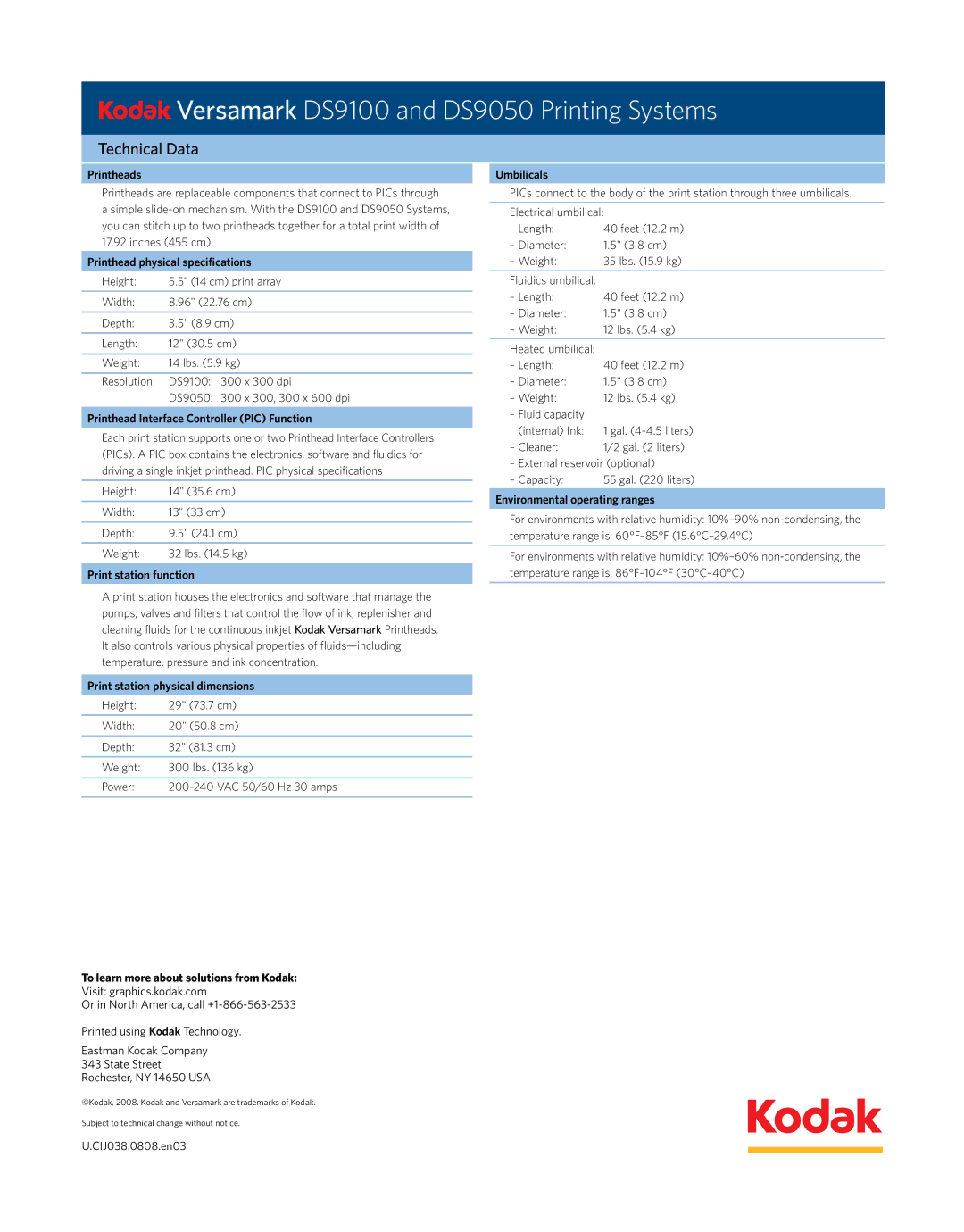 Kodak DS9050 manual Printheads, Printhead physical specifications, Printhead Interface Controller PIC Function, Umbilicals 