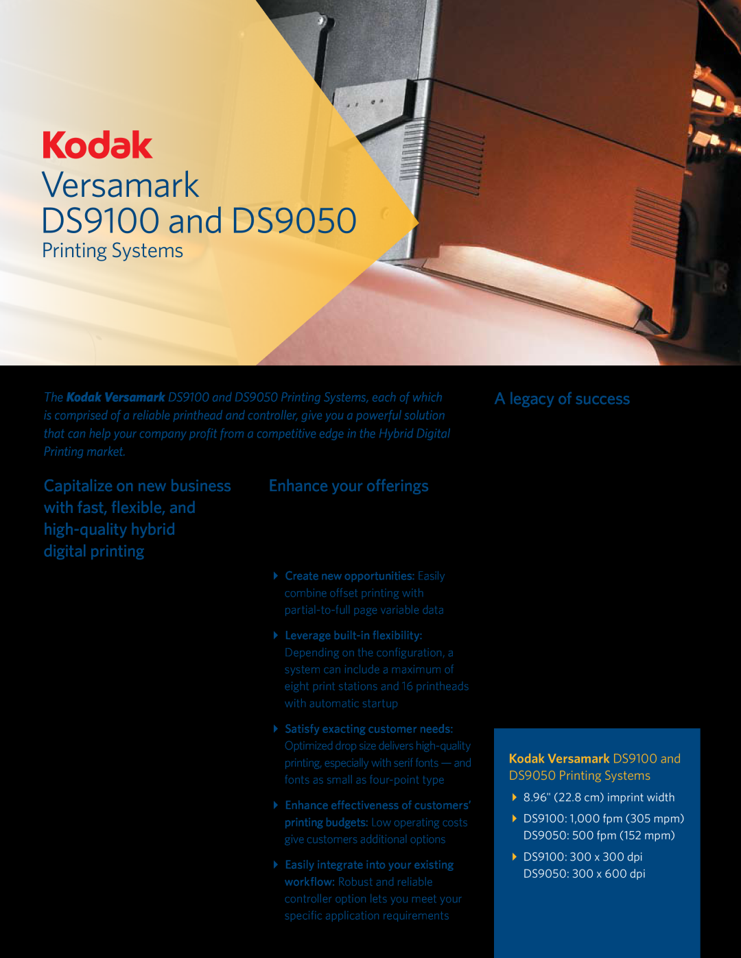 Kodak manual Versamark DS9100 and DS9050, Printing Systems, A legacy of success, Enhance your offerings 