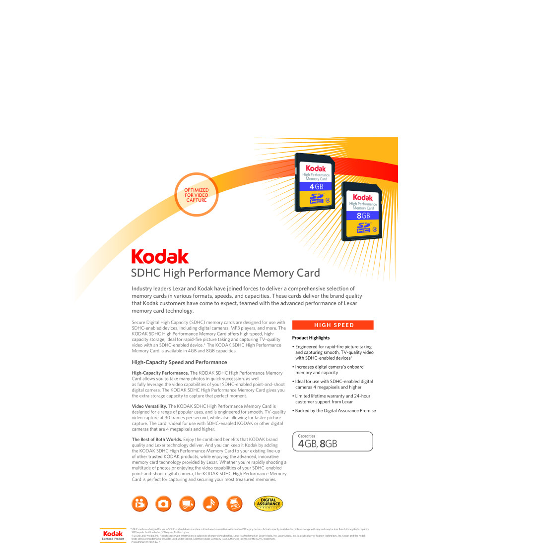 Kodak DSKHPSDHC052907 warranty SDHC High Performance Memory Card, 4GB, 8GB, High-Capacity Speed and Performance 