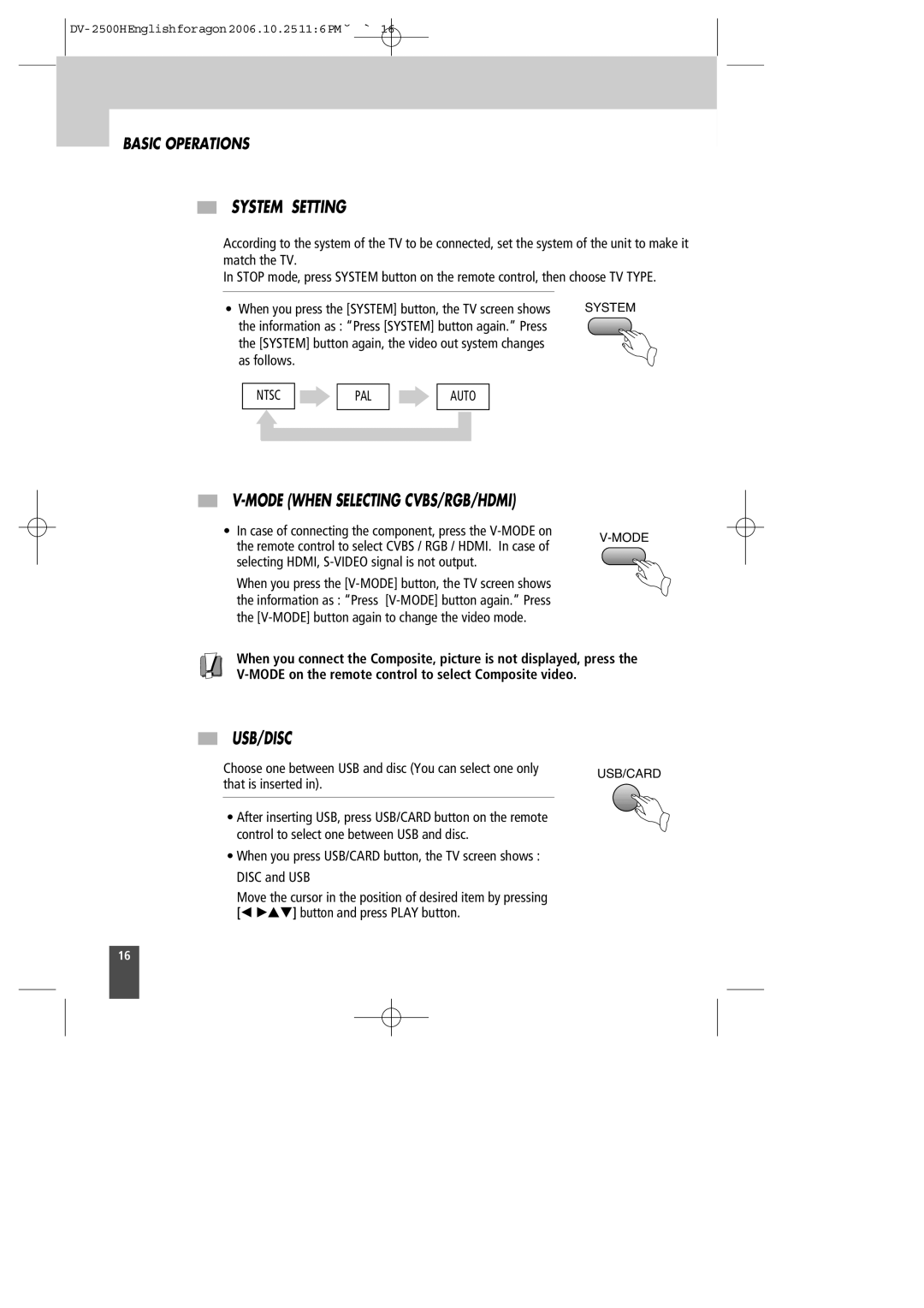 Kodak DV-2500H instruction manual System Setting, Mode When Selecting CVBS/RGB/HDMI, Usb/Disc 