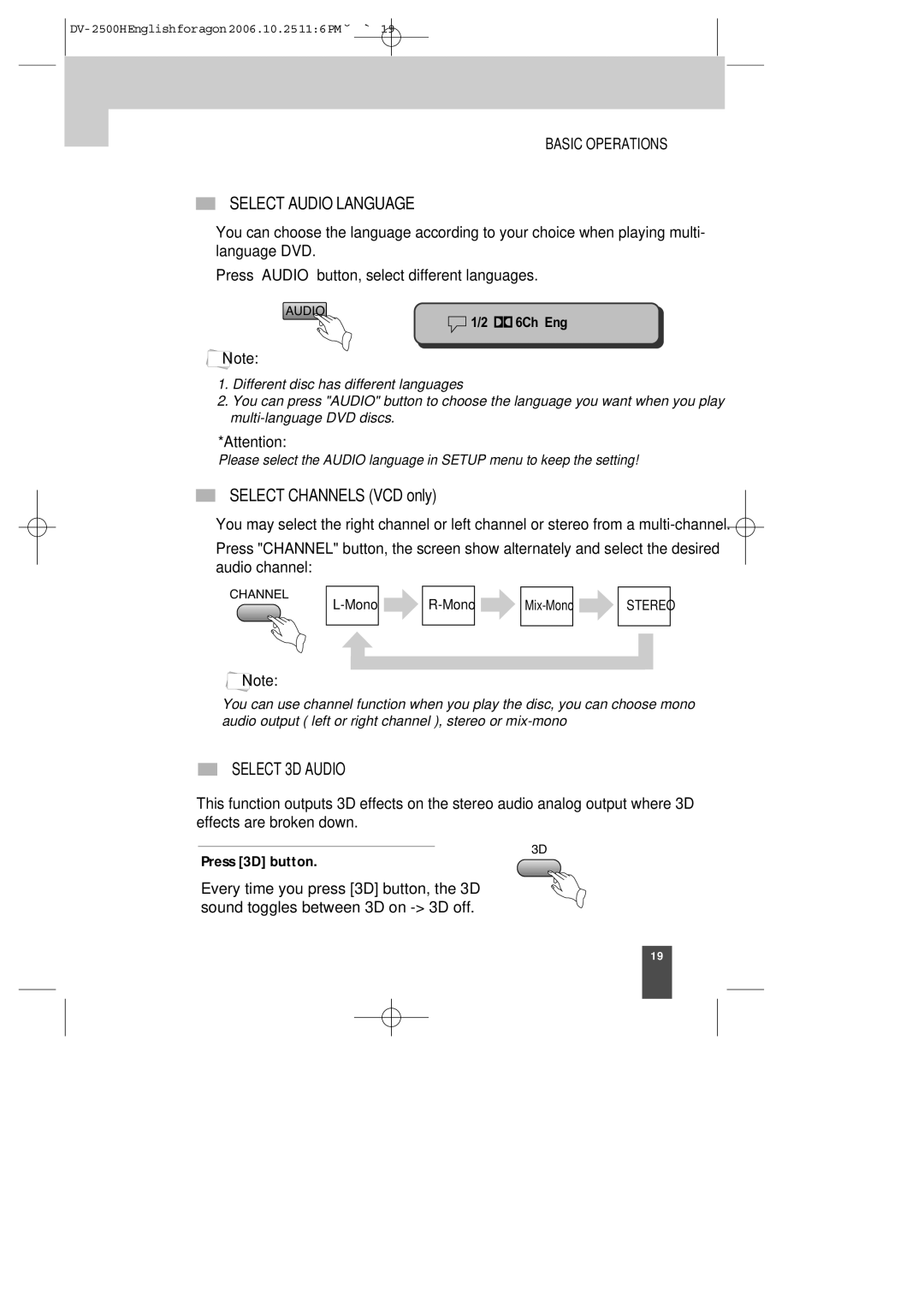 Kodak DV-2500H instruction manual Select Audio Language, Select Channels VCD only, Select 3D Audio, Press 3D button 