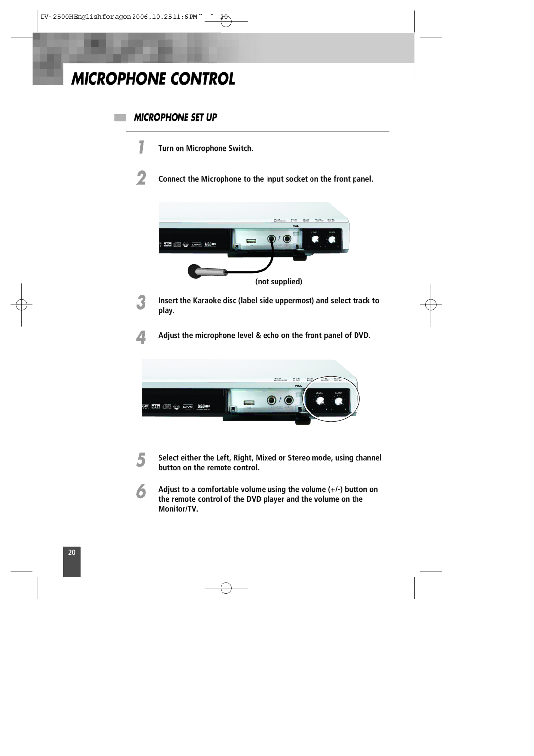 Kodak DV-2500H instruction manual Microphone Control, Microphone SET UP 