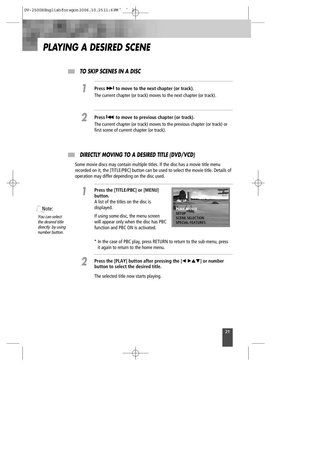 Kodak DV-2500H Playing a Desired Scene, To Skip Scenes in a Disc, Directly Moving to a Desired Title DVD/VCD 