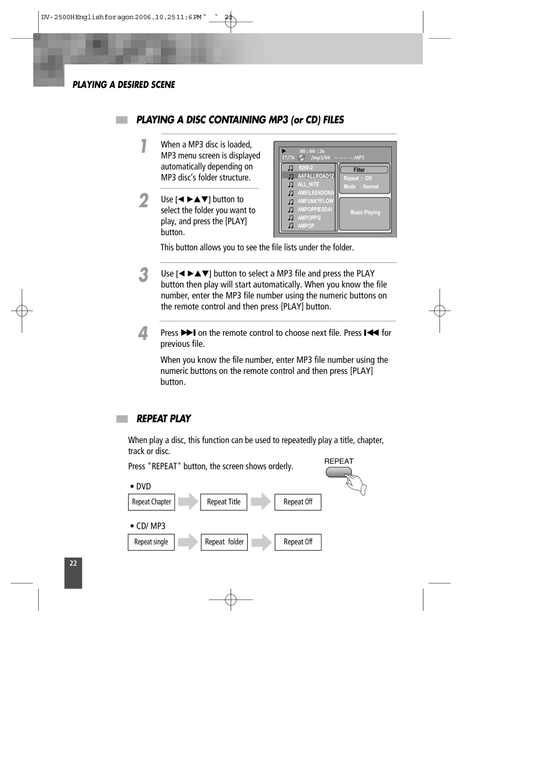 Kodak DV-2500H instruction manual Playing a Disc Containing MP3 or CD Files, Repeat Play 