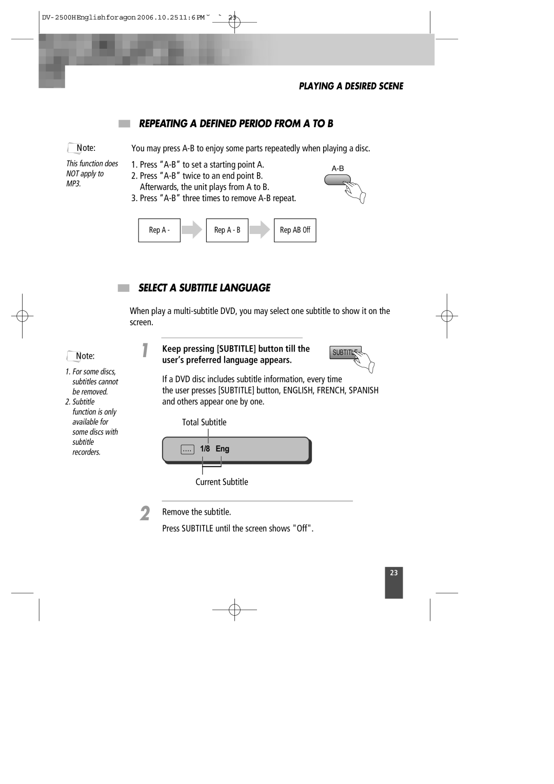 Kodak DV-2500H Repeating a Defined Period from a to B, Select a Subtitle Language, User’s preferred language appears, Eng 