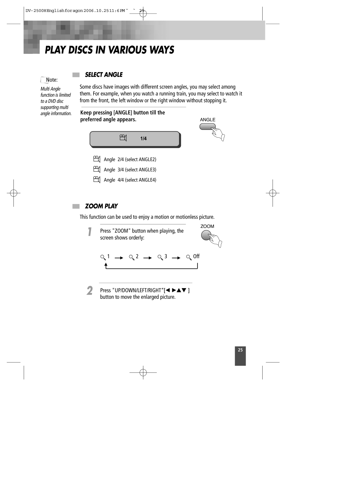 Kodak DV-2500H instruction manual Play Discs in Various Ways, Select Angle, Zoom Play, Button to move the enlarged picture 
