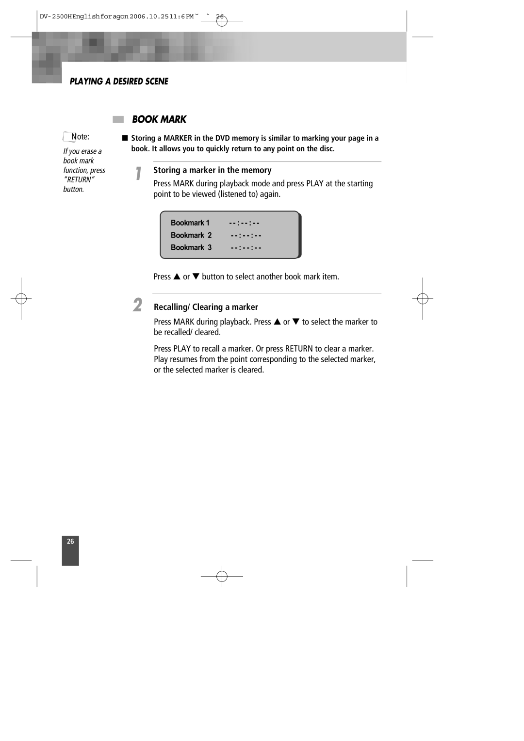 Kodak DV-2500H instruction manual Book Mark, Storing a marker in the memory, Recalling/ Clearing a marker, Bookmark 