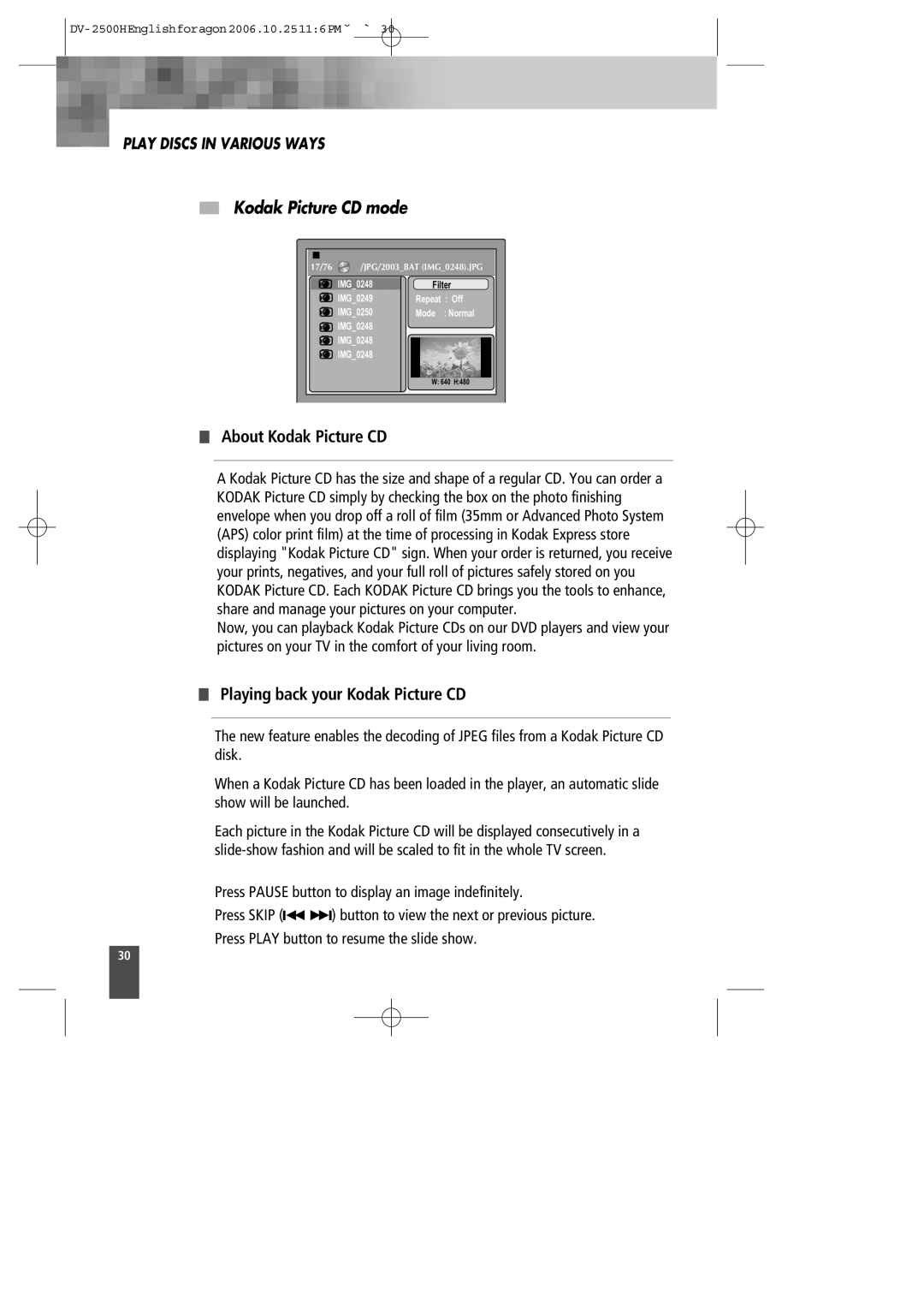 Kodak DV-2500H instruction manual Kodak Picture CD mode, About Kodak Picture CD, Playing back your Kodak Picture CD 