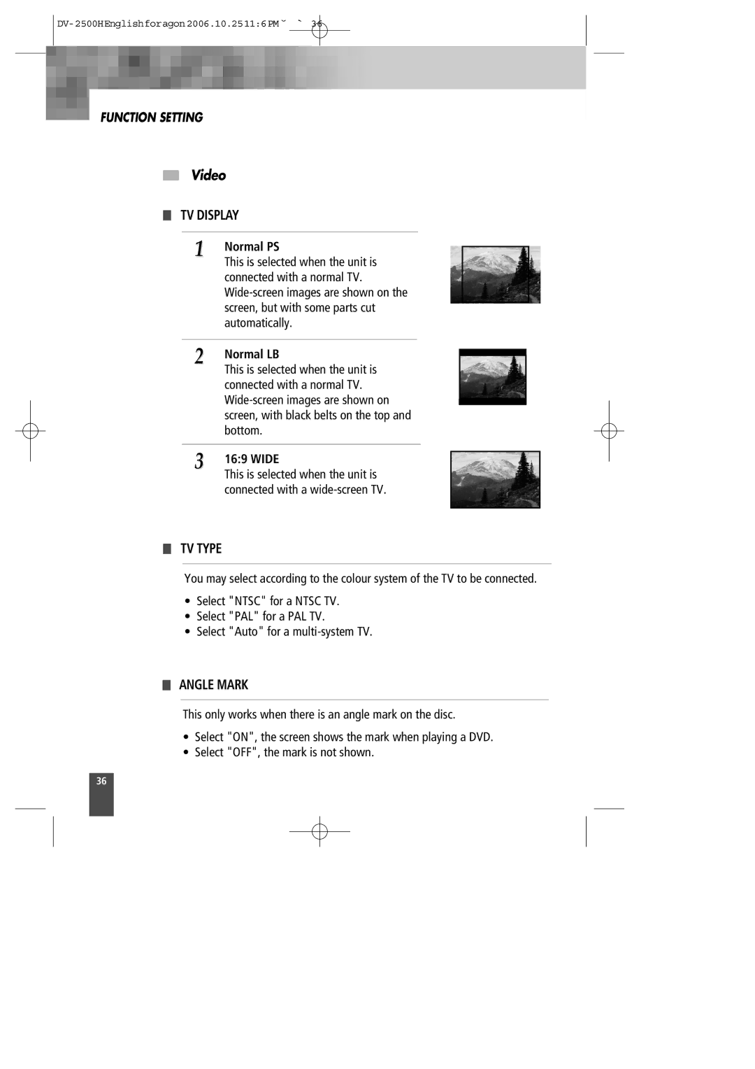 Kodak DV-2500H instruction manual Video, TV Display, TV Type, Angle Mark 