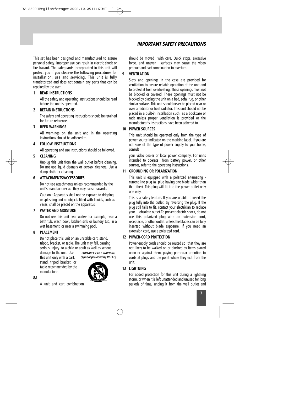 Kodak DV-2500H Read Instructions, Retain Instructions, Heed Warnings, Follow Instructions, Cleaning, Water and Moisture 