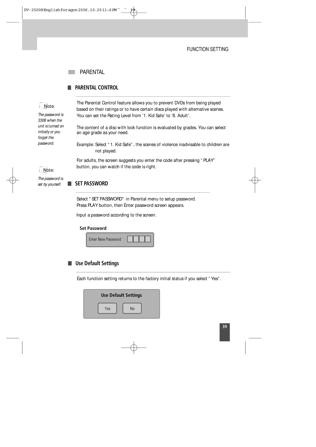 Kodak DV-2500H instruction manual Parental Control, SET Password, Use Default Settings 