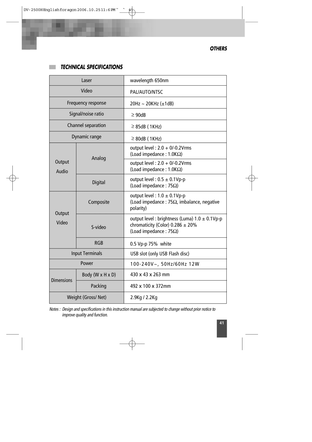 Kodak DV-2500H instruction manual Technical Specifications, Pal/Auto/Ntsc 