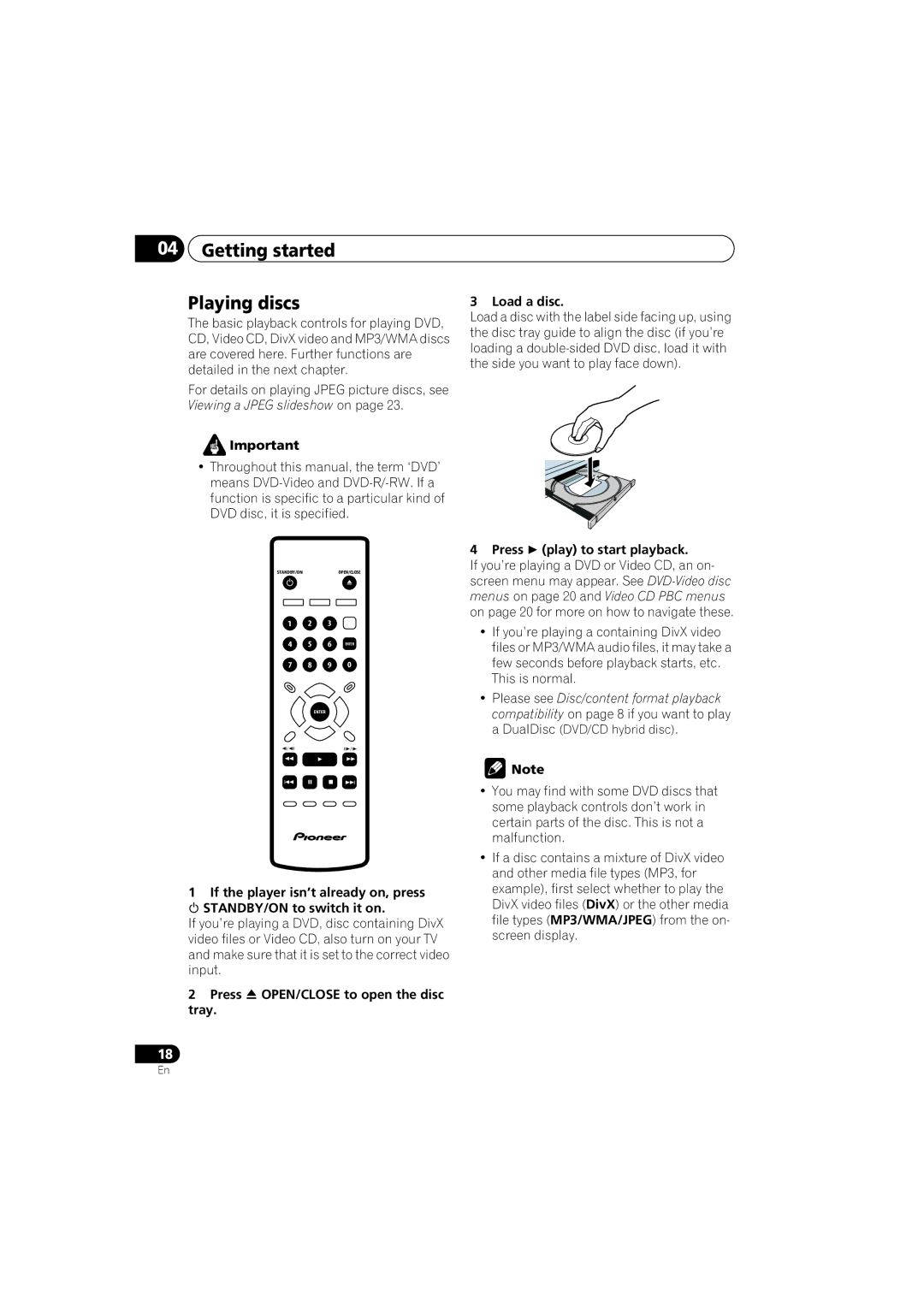 Kodak DV-300-K manual Getting started Playing discs, Load a disc 