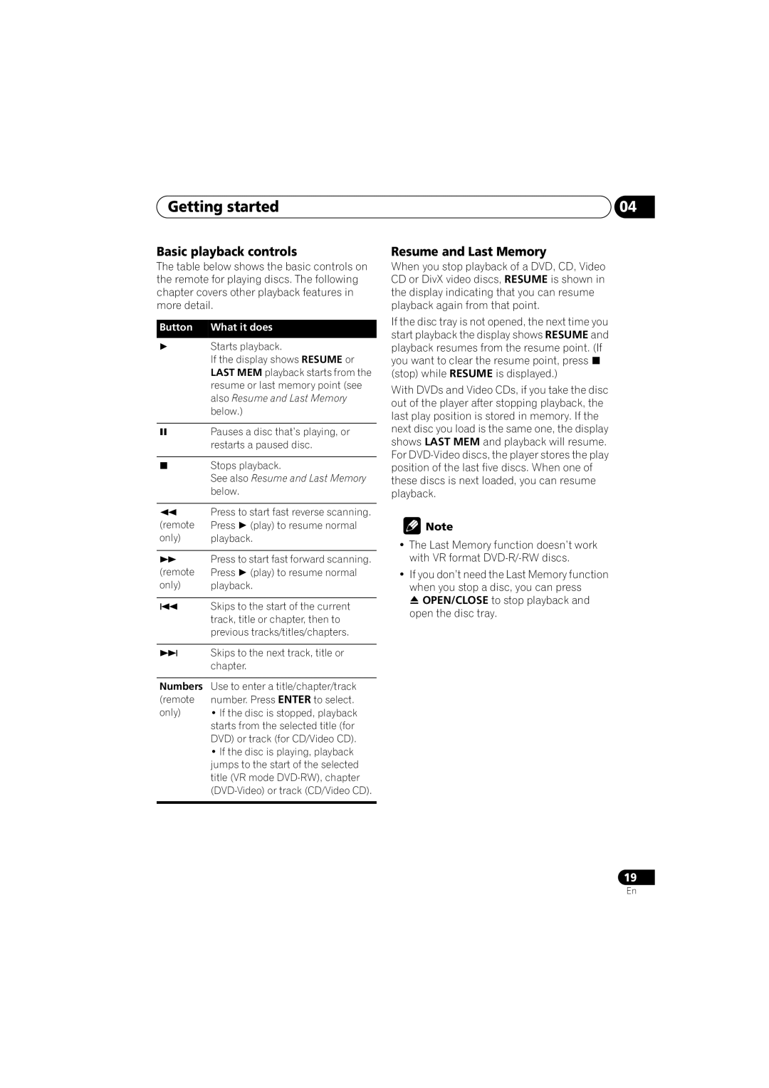 Kodak DV-300-K manual Getting started, Basic playback controls, Resume and Last Memory, Numbers 