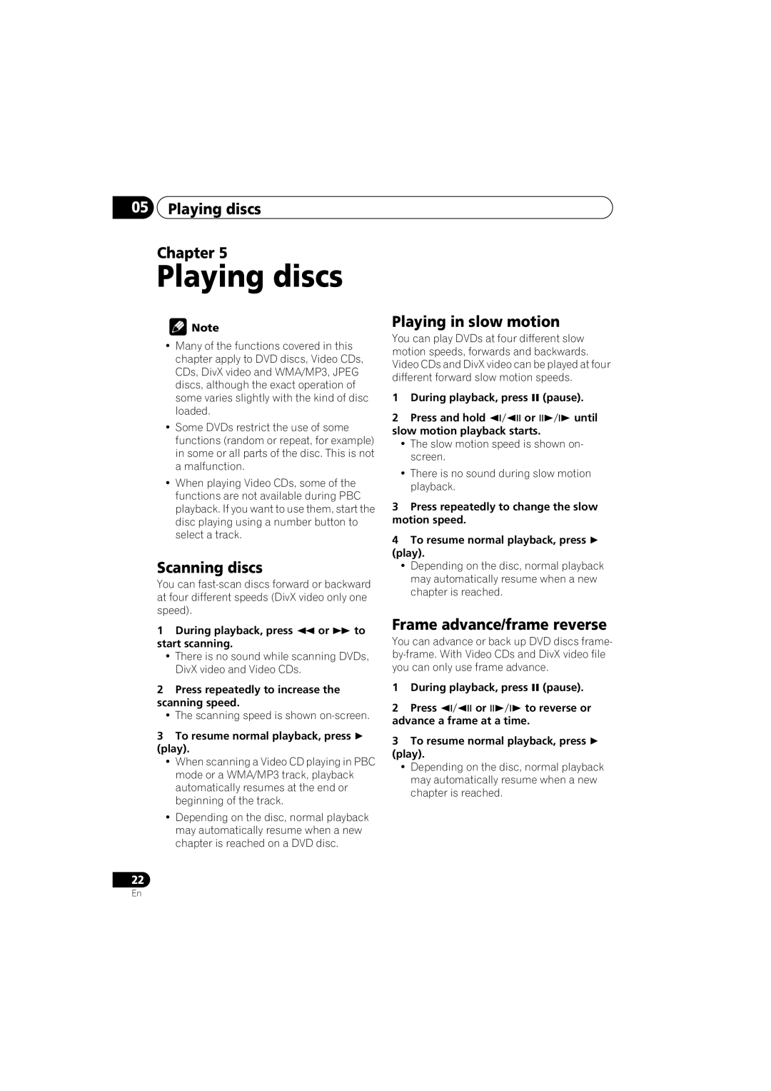 Kodak DV-300-K manual Playing discs Chapter, Scanning discs, Playing in slow motion, Frame advance/frame reverse 